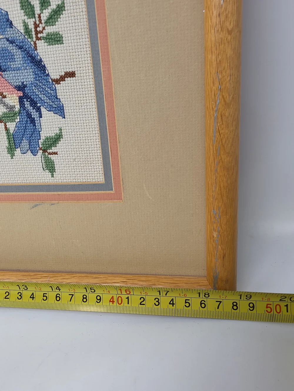 Framed Four-Panel Bird Cross-Stitch Wall Art in Blue, Pink & Green